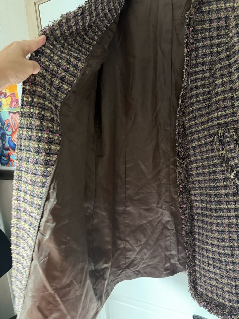 Vintage Tweed Fringe Trench Coat in Brown and Purple